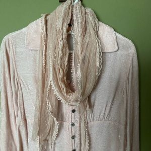 J. Jill pink, sateen, button down blouse + scarf